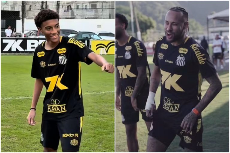 Filho de Robinho treina faltas com Neymar na base do Santos Filho de Robinho treina faltas com Neymar na base do Santos